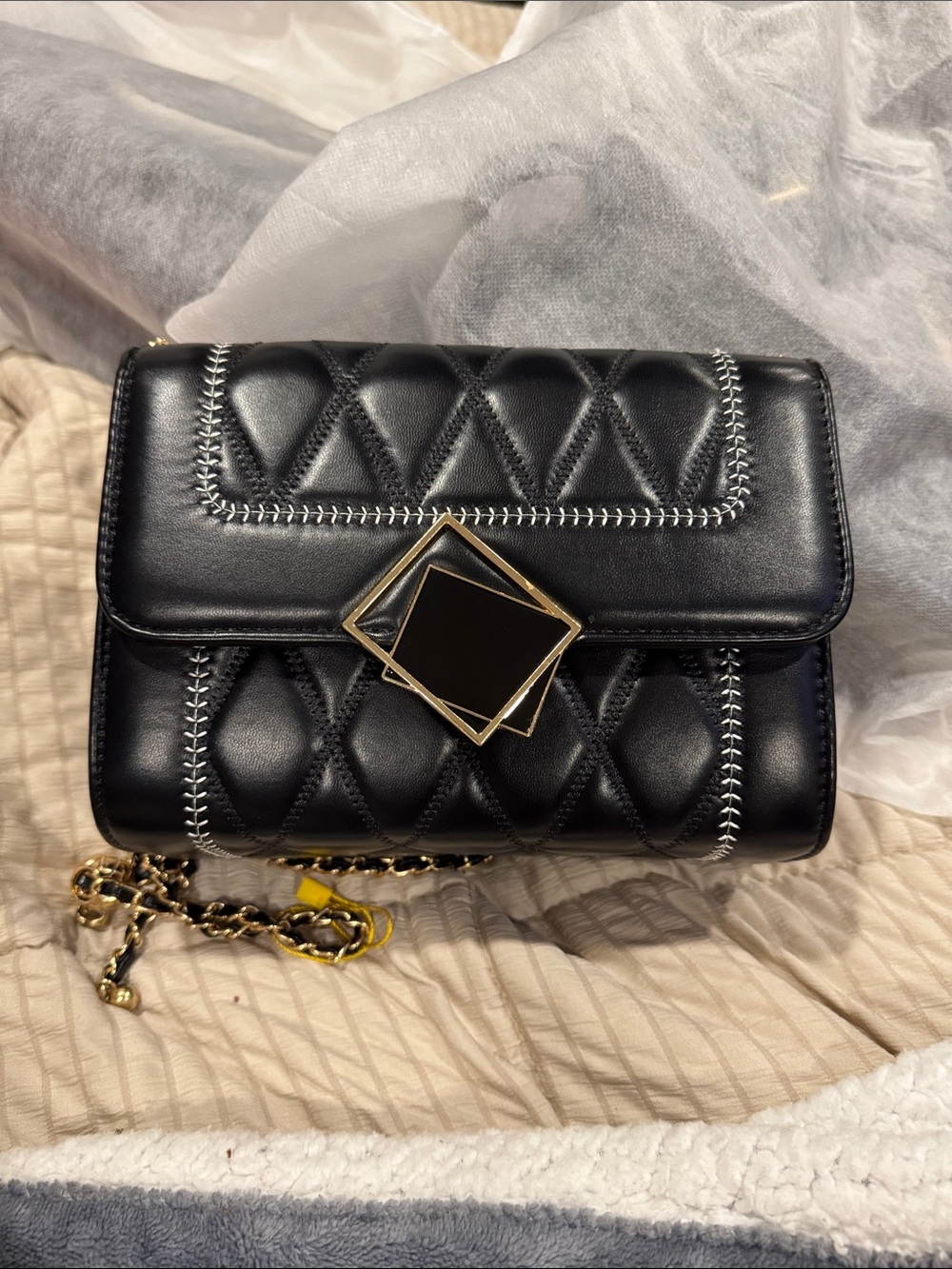 Black Quilted Women’s Crossbody Bag with Gold Geometric Clasp; Excellent